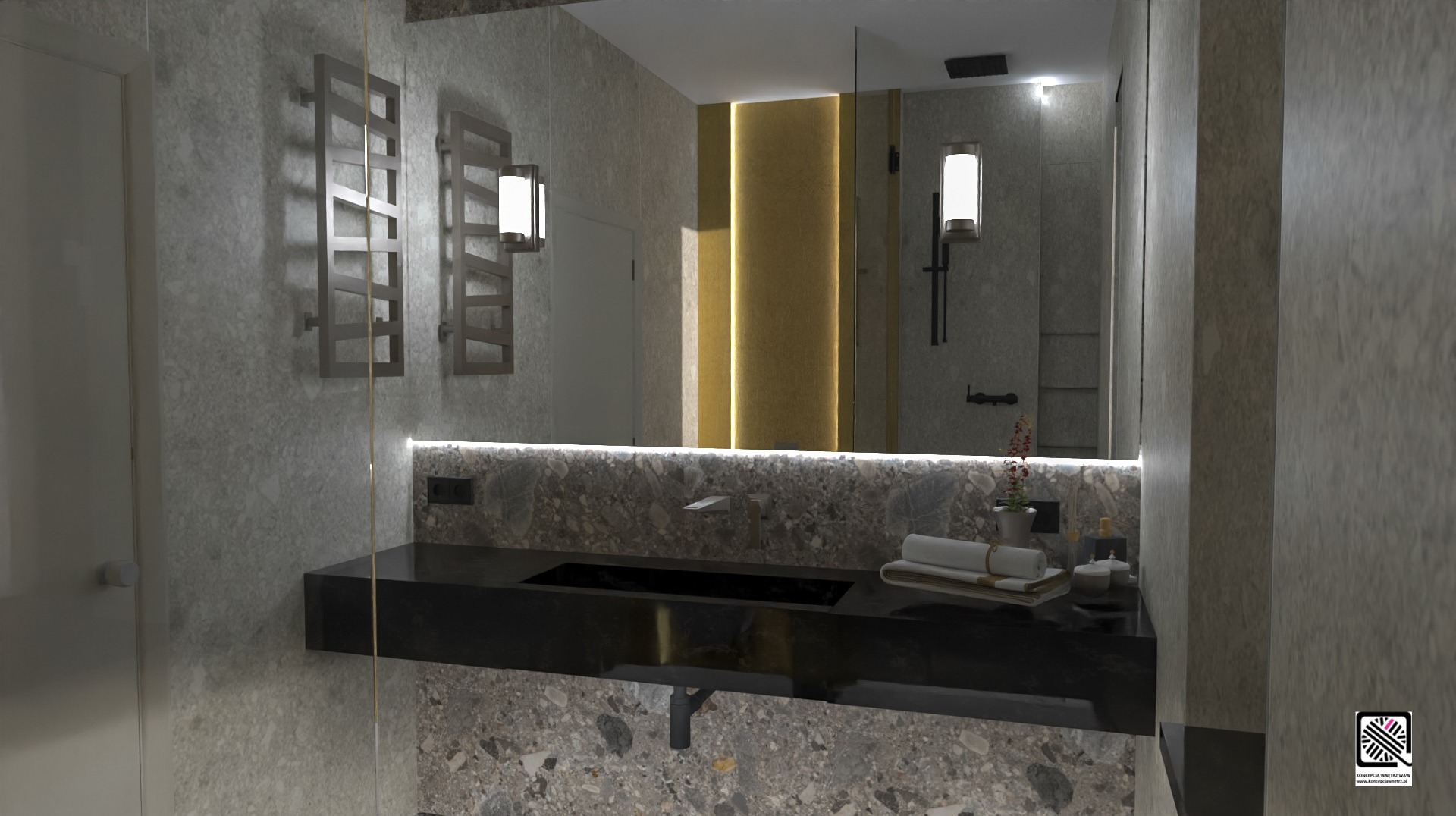 Nowoczesna łazienka z czarnym blatem umywalki, marmurową ścianą, podświetlanym lustrem i grzejnikiem drabinkowym