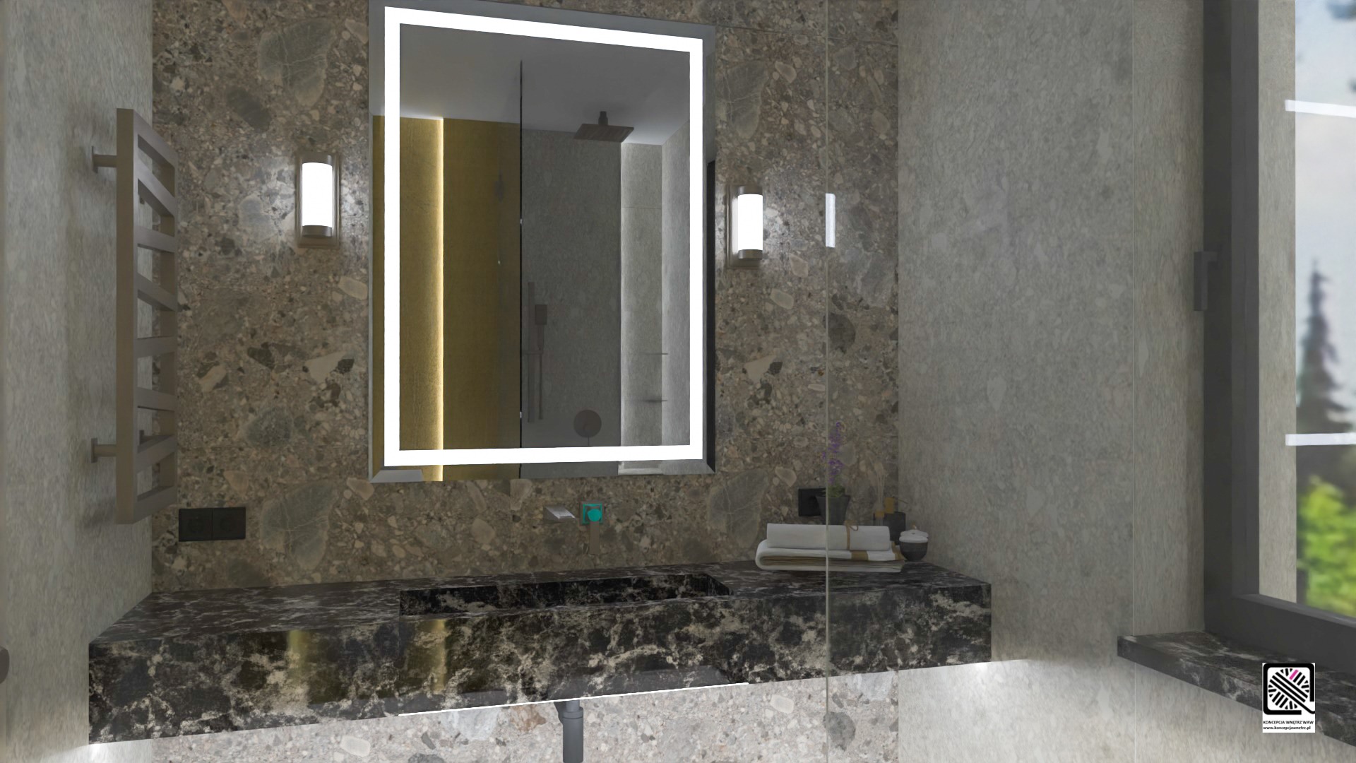 Wizualizacja łazienki z umywalką nablatową z ciemnego kamienia, podświetlanym lustrem i grzejnikiem drabinkowym na tle ściany z płytek imitujących kamień.