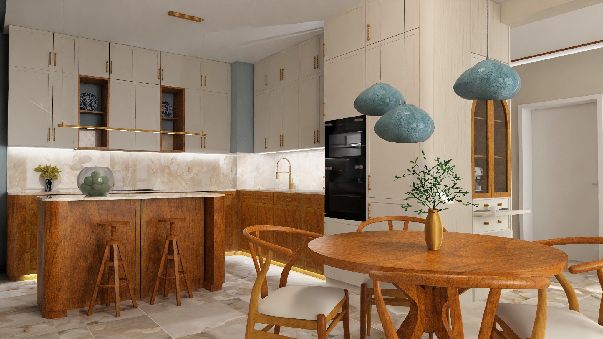 Stylowa kuchnia z drewnianymi akcentami: wyspa z hokerami, okrągły stół z krzesłami, wiszące lampy w kształcie kamieni. Ciepłe oświetlenie podkreśla marmurkowy blat i fronty szafek.