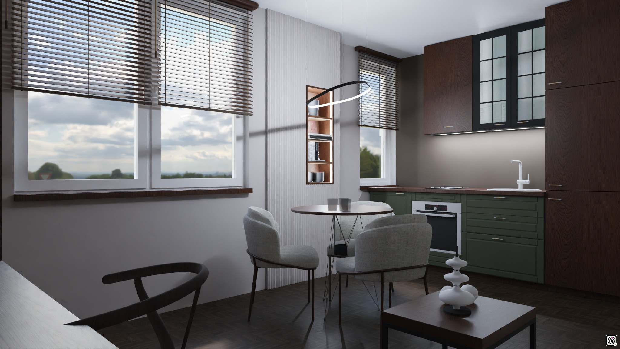 Nowoczesna kuchnia z jadalnią: ciemne drewno, zielone szafki, okrągły stół z krzesłami, designerska lampa i widok z okna na krajobraz. Minimalistyczny styl.
