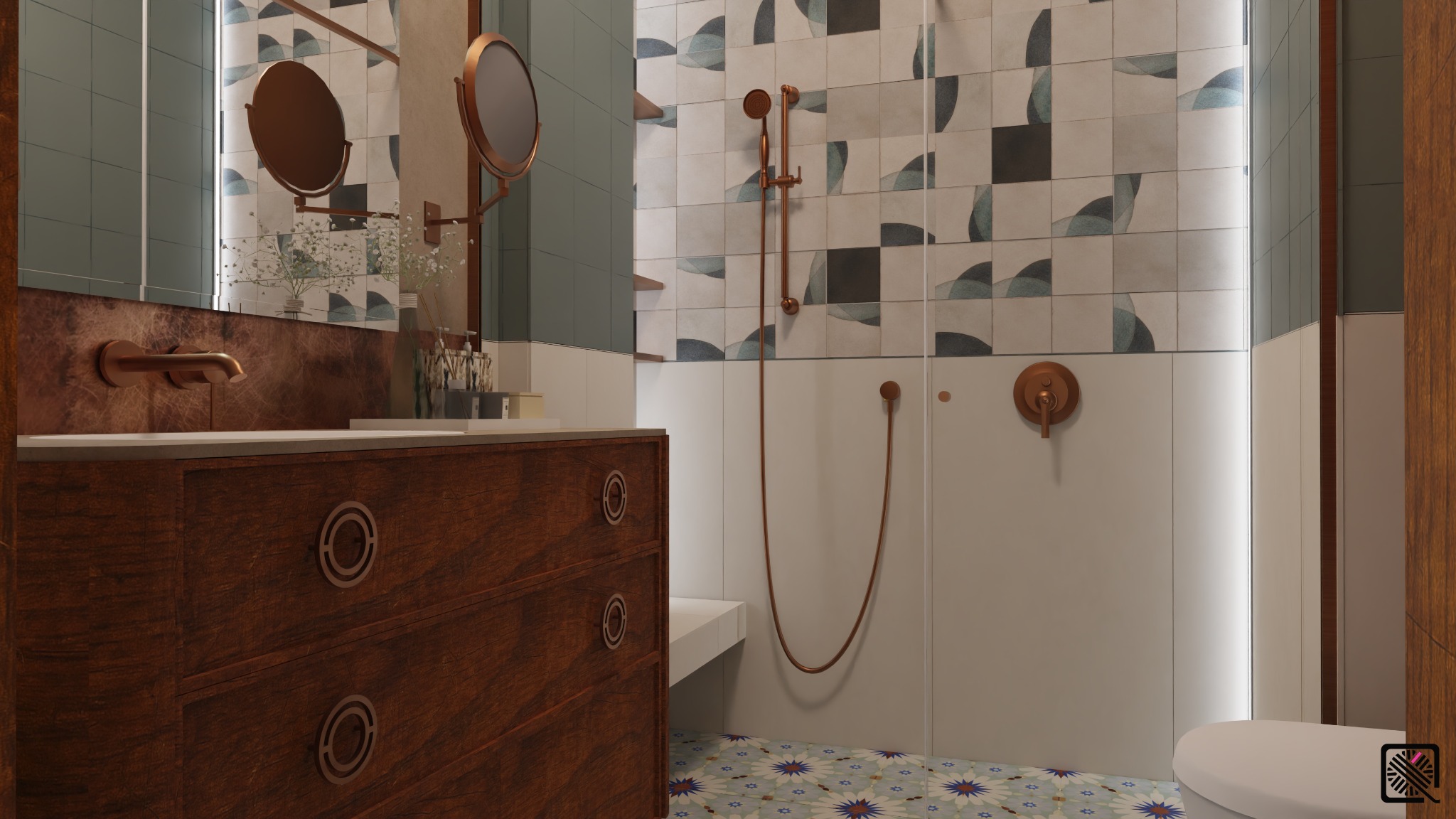 Nowoczesna łazienka z drewnianą szafką pod umywalką, miedzianą armaturą i wzorzystymi płytkami. Kabina prysznicowa ze szklaną ścianką i dekoracyjnymi panelami.