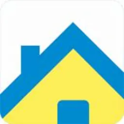 Stylizowany ikona domu w kolorach niebieskim i żółtym, z zaokrąglonymi rogami, na białym tle.