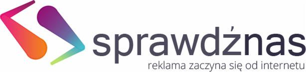 Logo firmy z abstrakcyjnym symbolem w gradientowych kolorach i tekstem 'sprawdźnas reklama zaczyna się od internetu'.