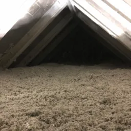 Poddasze po ociepleniu wełną celulozową, widoczne drewniane elementy konstrukcyjne dachu.