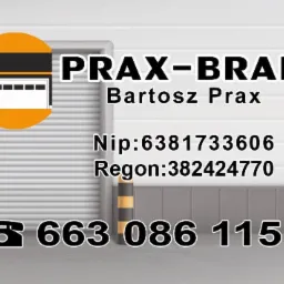 Grafika reklamowa firmy PRAX-BRAM Bartosz Prax z numerem telefonu i NIP na tle zamkniętej bramy garażowej z żółto-czarnym słupkiem ostrzegawczym po lewej stronie.