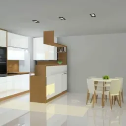 Wizualizacja nowoczesnej kuchni z białymi frontami i drewnianymi akcentami, czarny sprzęt AGD w zabudowie, stół z krzesłami i roślina doniczkowa w minimalistycznym wnętrzu.