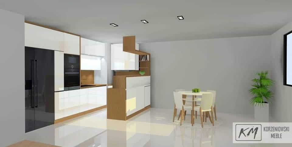 Wizualizacja nowoczesnej kuchni z białymi frontami i drewnianymi akcentami, czarny sprzęt AGD w zabudowie, stół z krzesłami i roślina doniczkowa w minimalistycznym wnętrzu.