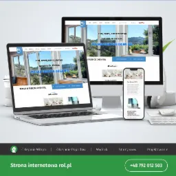 Responsywna strona internetowa firmy produkującej okna, wyświetlana na laptopie, monitorze i smartfonie, z widocznym logo i hasłem 'Cisza, spokój, bezpieczeństwo'.