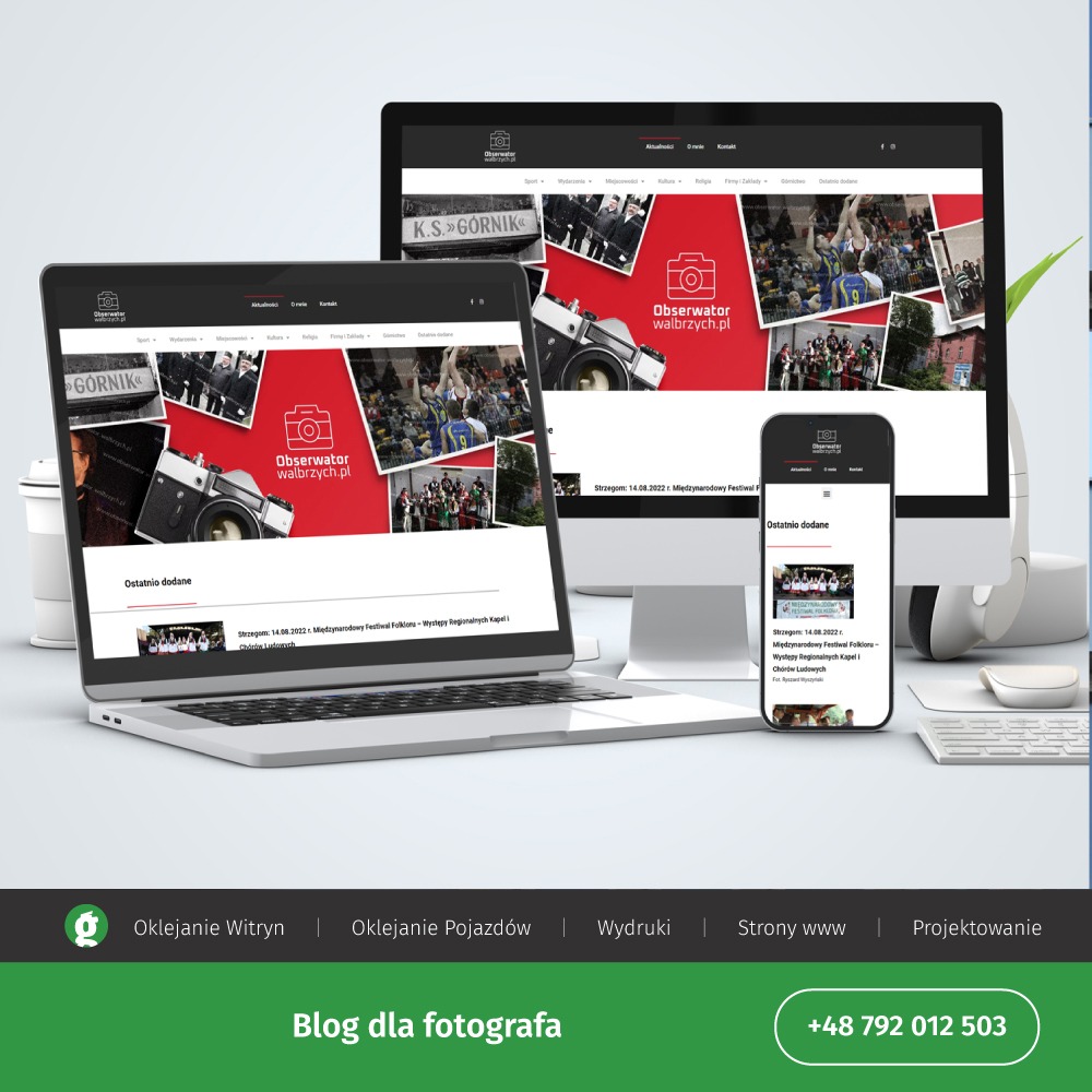 Responsywna strona internetowa 'Obserwator walbrzych.pl' wyświetlana na laptopie, monitorze i smartfonie, prezentująca aktualności i wydarzenia regionalne, z widocznym logo i układem dostosowanym...