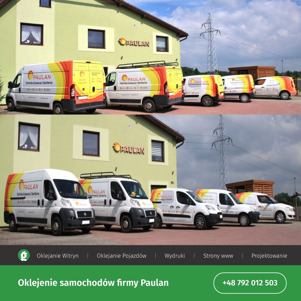 Flota firmowych samochodów z oklejeniem reklamowym Paulan zaparkowana przed budynkiem biurowym firmy, widok z dwóch różnych perspektyw.