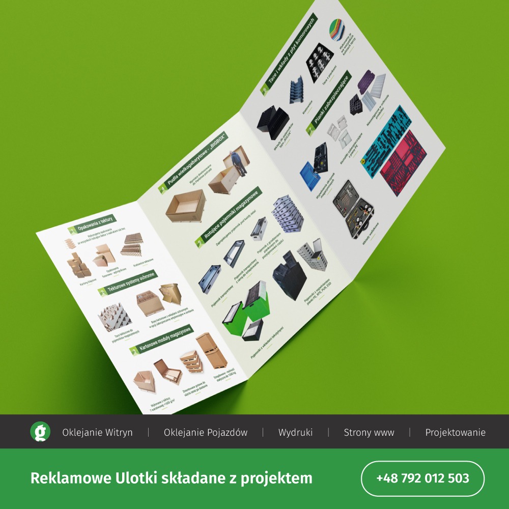 Reklamowa ulotka składana prezentująca ofertę firmy: opakowania z tektury, systemy ochronne, moduły magazynowe, pojemniki magazynowe i pianki zabezpieczające, z widocznym adresem strony...