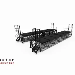 Model 3D dwóch platform roboczych z drabinkami, wykonanych z metalowej konstrukcji, prezentowany przez biuro konstrukcyjne CADmaster.