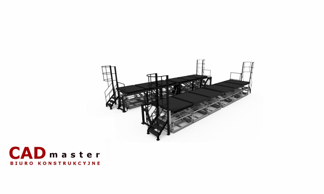 Model 3D dwóch platform roboczych z drabinkami, wykonanych z metalowej konstrukcji, prezentowany przez biuro konstrukcyjne CADmaster.