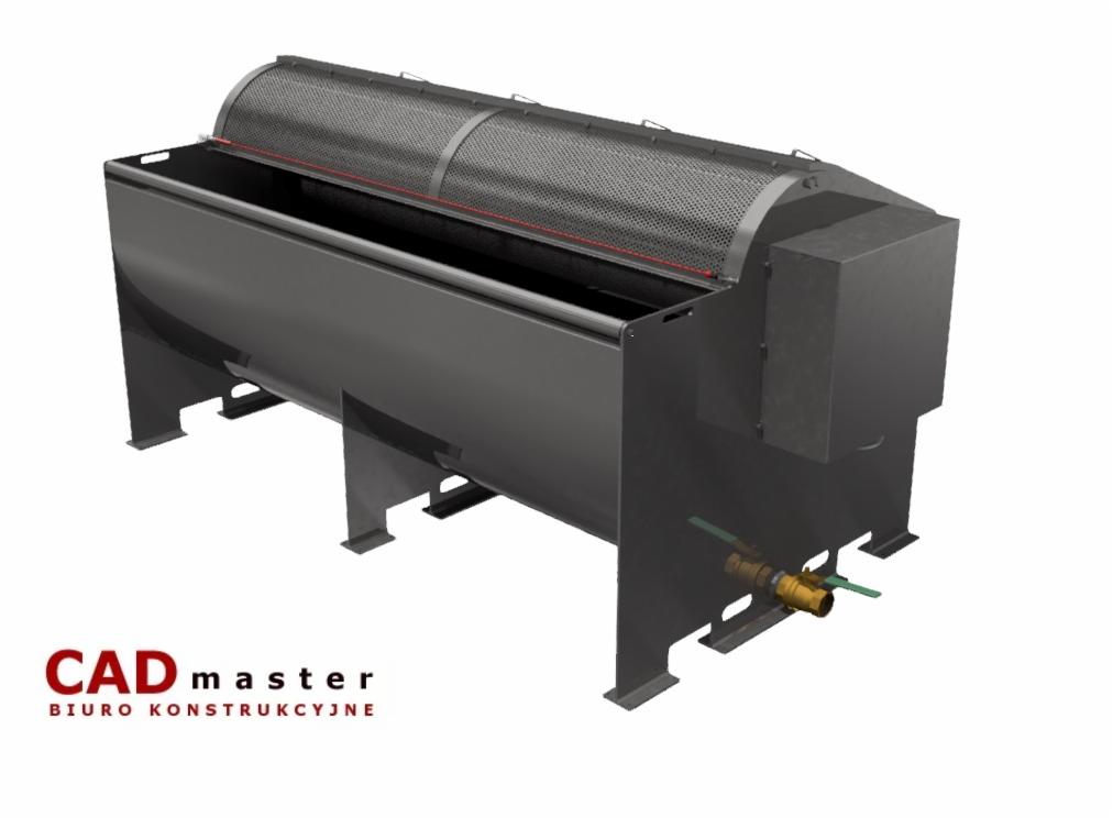 Wizualizacja 3D przemysłowego separatora bębnowego z metalową siatką, widoczne przyłącza rurowe i logo firmy CAD master.