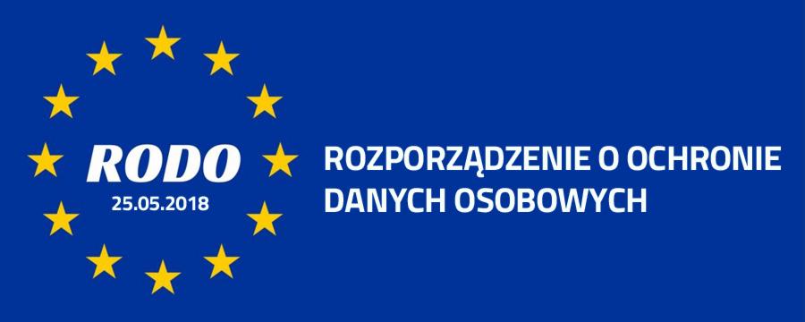 Niebieskie tło z żółtymi gwiazdami w okręgu, napis RODO 25.05.2018 oraz napis ROZPORZĄDZENIE O OCHRONIE DANYCH OSOBOWYCH