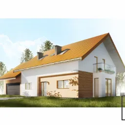 Wizualizacja projektu domu jednorodzinnego z garażem, elewacją z elementami drewna i balkonem z przezroczystą balustradą, rower oparty o ścianę.