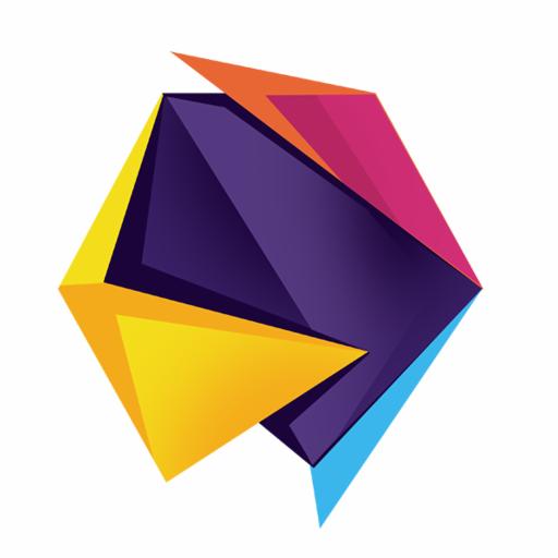 Abstrakcyjny, wielokątny kształt z gradientami w odcieniach fioletu, żółci, pomarańczy, różu i błękitu na białym tle.