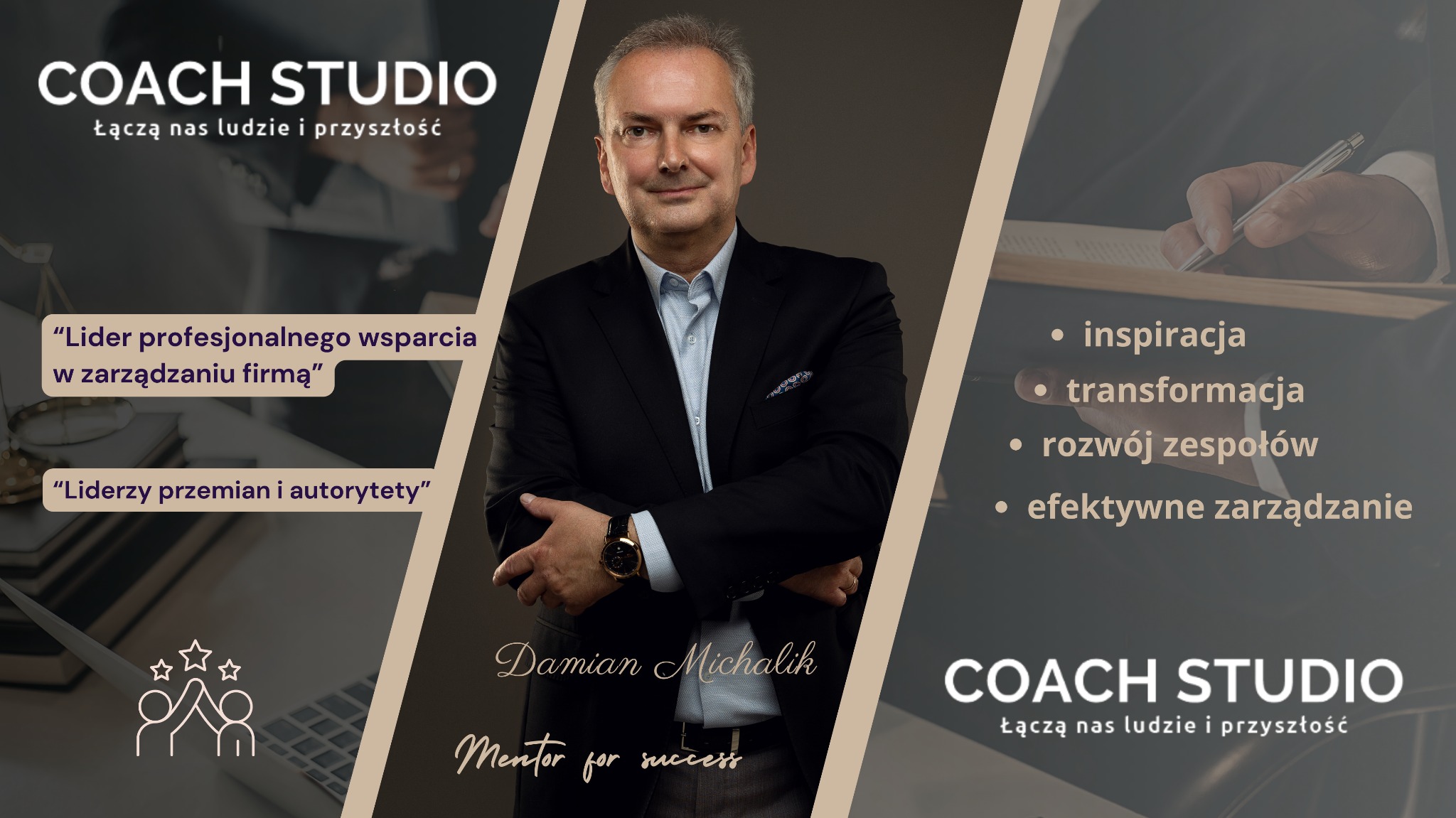 Portret uśmiechniętego mężczyzny w czarnym garniturze, z zegarkiem na lewym nadgarstku, na tle grafiki z hasłami: inspiracja, transformacja, rozwój zespołów, efektywne zarządzanie oraz informacjami...