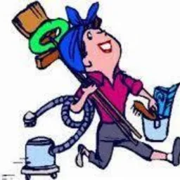 Rysunek przedstawiający uśmiechniętą postać z niebieską chustą na głowie, niosącą wiadro ze szczotką, zmiotką i szmatką, a za nią ciągnie się odkurzacz.