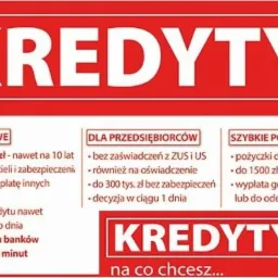Grafika reklamowa z czerwonym tłem, prezentująca oferty kredytów gotówkowych, dla przedsiębiorców i szybkich pożyczek, z informacjami o kwotach, warunkach i czasie decyzji.