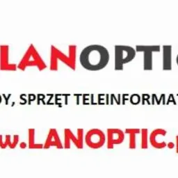 Logo firmy LANOPTIC oferującej światłowody, sprzęt teleinformatyczny i CCTV, z adresem strony internetowej w kolorze czerwonym.