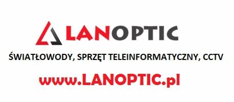Logo firmy LANOPTIC oferującej światłowody, sprzęt teleinformatyczny i CCTV, z adresem strony internetowej w kolorze czerwonym.