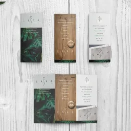 Zestaw wizytówek i ulotek salonu kosmetycznego Lara z motywem roślinnym i informacjami kontaktowymi, prezentujący ofertę zabiegów i rabat -20%.