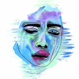 Abstrakcyjny portret kobiety w odcieniach błękitu i fioletu, z pojedynczą łzą spływającą po policzku, wykonany techniką mieszaną - akwarela i cienka linia.