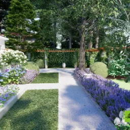 Projekt ogrodu w Warszawie: ścieżka z białego żwiru otoczona lawendą, prowadząca do pergoli porośniętej bluszczem, z kulistymi krzewami i białymi donicami w tle.