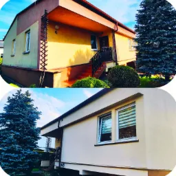 Dwuczęściowe zdjęcie przedstawia dom jednorodzinny w Tychach po renowacji elewacji, z widocznym ociepleniem i nowym tynkiem w jasnych, pastelowych kolorach, z drewnianą drabinką przy ścianie...