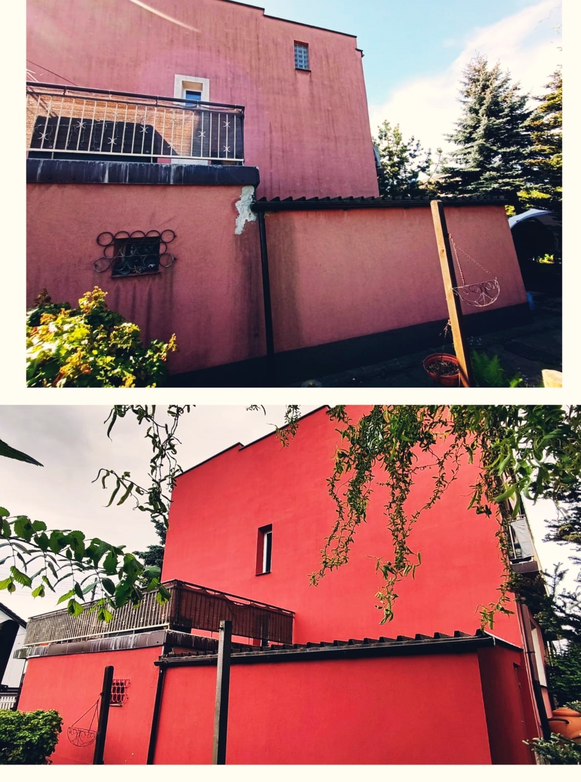 Dwa ujęcia dwukondygnacyjnego domu z balkonem, w odcieniach różu i czerwieni, z widocznymi fragmentami elewacji, okien i zieleni w tle. Na różowej elewacji widoczne ślady po naprawach.