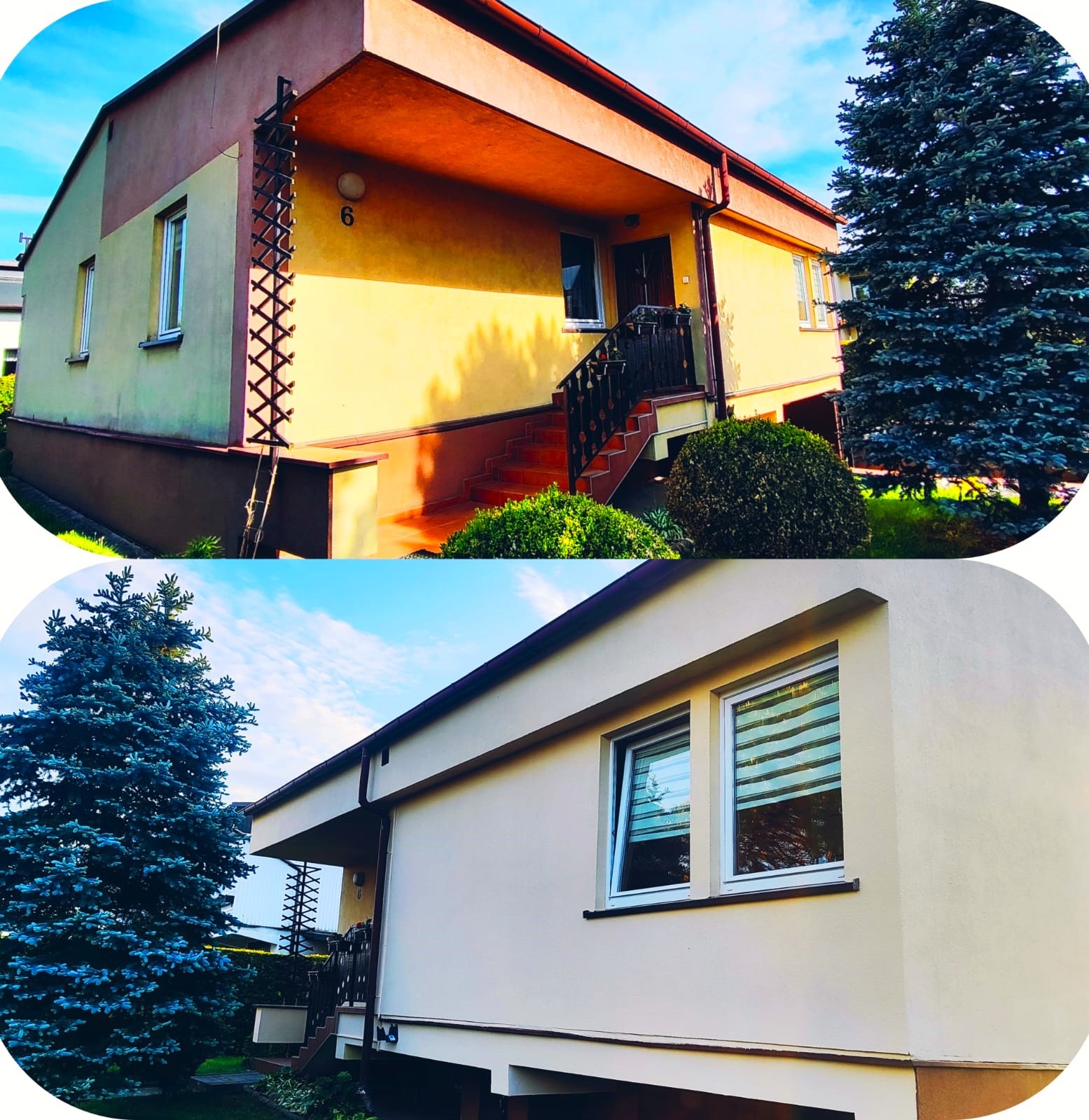 Dwuczęściowe zdjęcie przedstawia dom jednorodzinny w Tychach po renowacji elewacji, z widocznym ociepleniem i nowym tynkiem w jasnych, pastelowych kolorach, z drewnianą drabinką przy ścianie...