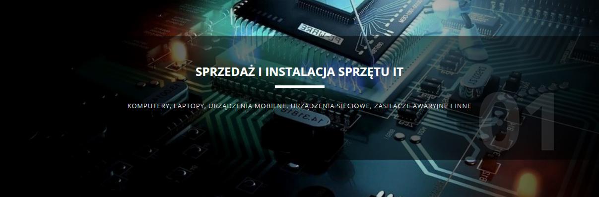 Zbliżenie na płytę główną komputera z elementami elektronicznymi, tekst informacyjny o sprzedaży i instalacji sprzętu IT, komputerach, laptopach, urządzeniach mobilnych i sieciowych, zasilaczach...