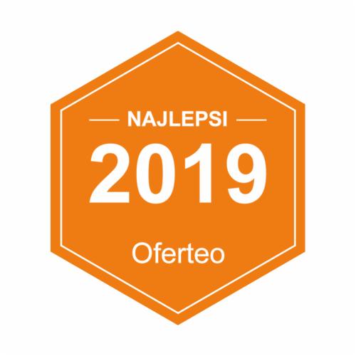 Pomarańczowa odznaka Oferteo 'Najlepsi 2019' na białym tle.