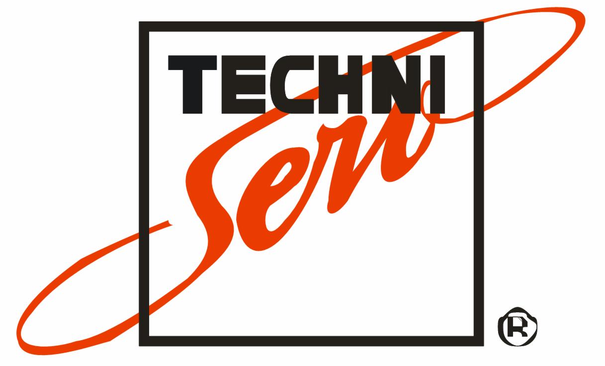 Logo firmy Techni Serv w czarnej ramce z czerwonym napisem 'Serv' nachodzącym na ramkę i symbol R w kółku w prawym dolnym rogu.