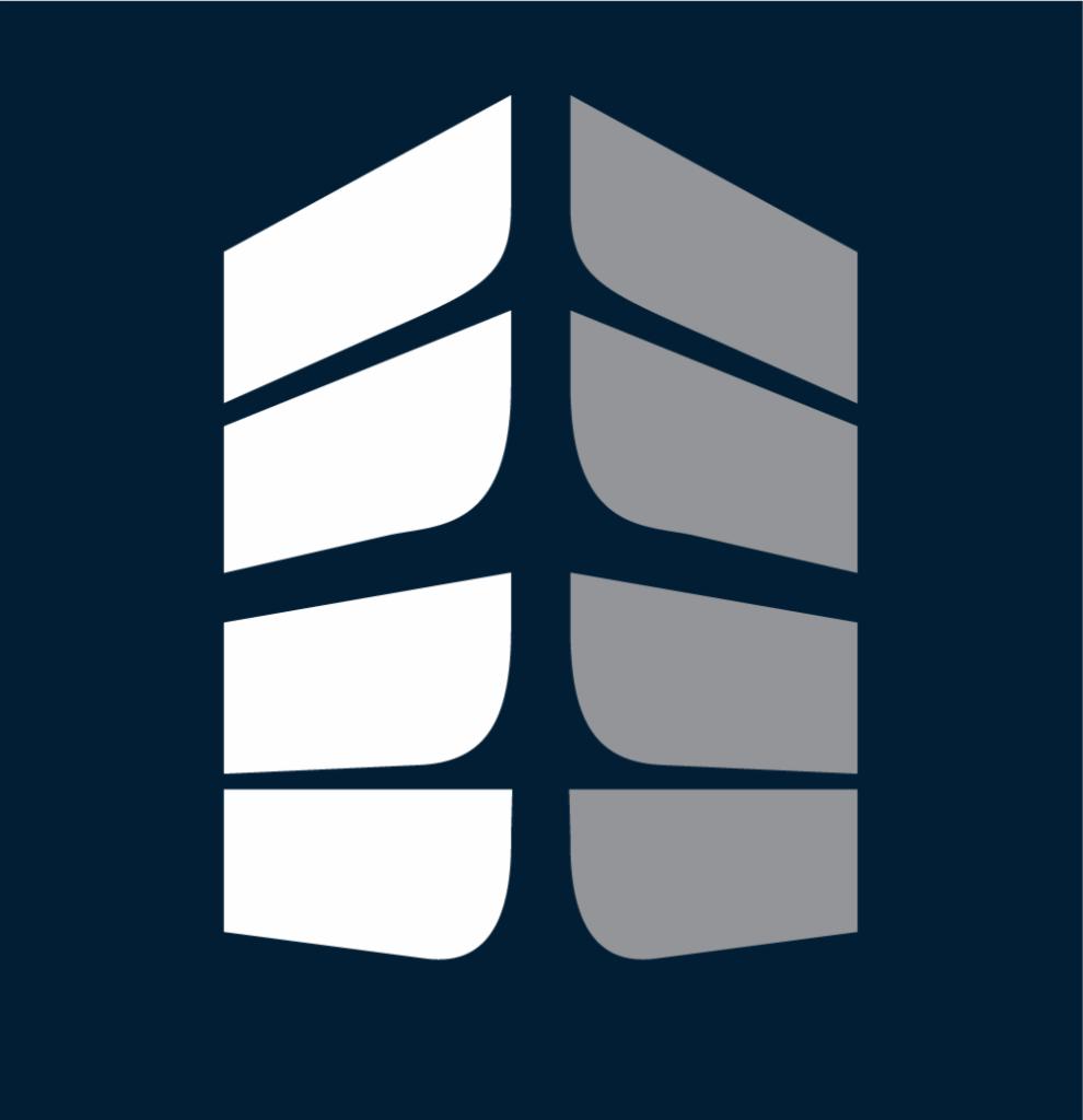 Abstrakcyjne logo budynku z białymi i szarymi elementami na granatowym tle.