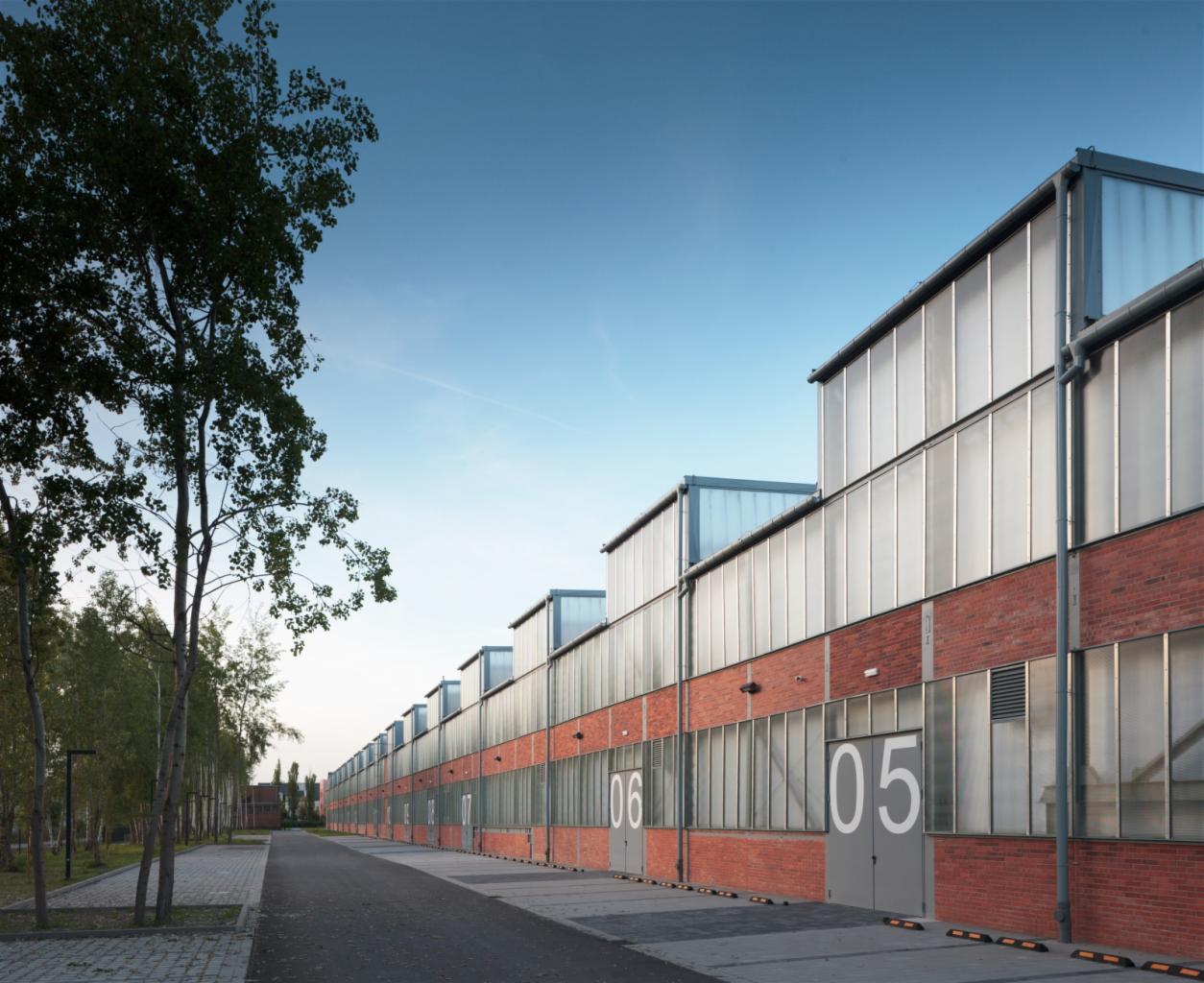 Długa hala magazynowa W7 z czerwonej cegły i przeszklonymi panelami dachowymi, oznaczona numerami 05 i 06, widoczna z perspektywy chodnika z drzewami.