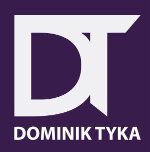 Białe logo 'DT' na fioletowym tle, poniżej napis 'DOMINIK TYKA'.