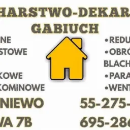 Logo firmy blacharsko-dekarskiej Gabiuch z siedzibą w Korzeniewie, oferującej rury dymne i spustowe, kolana harmonijkowe, wkłady kominowe, redukcje, obróbki blacharskie, parapety i wentylacje.
