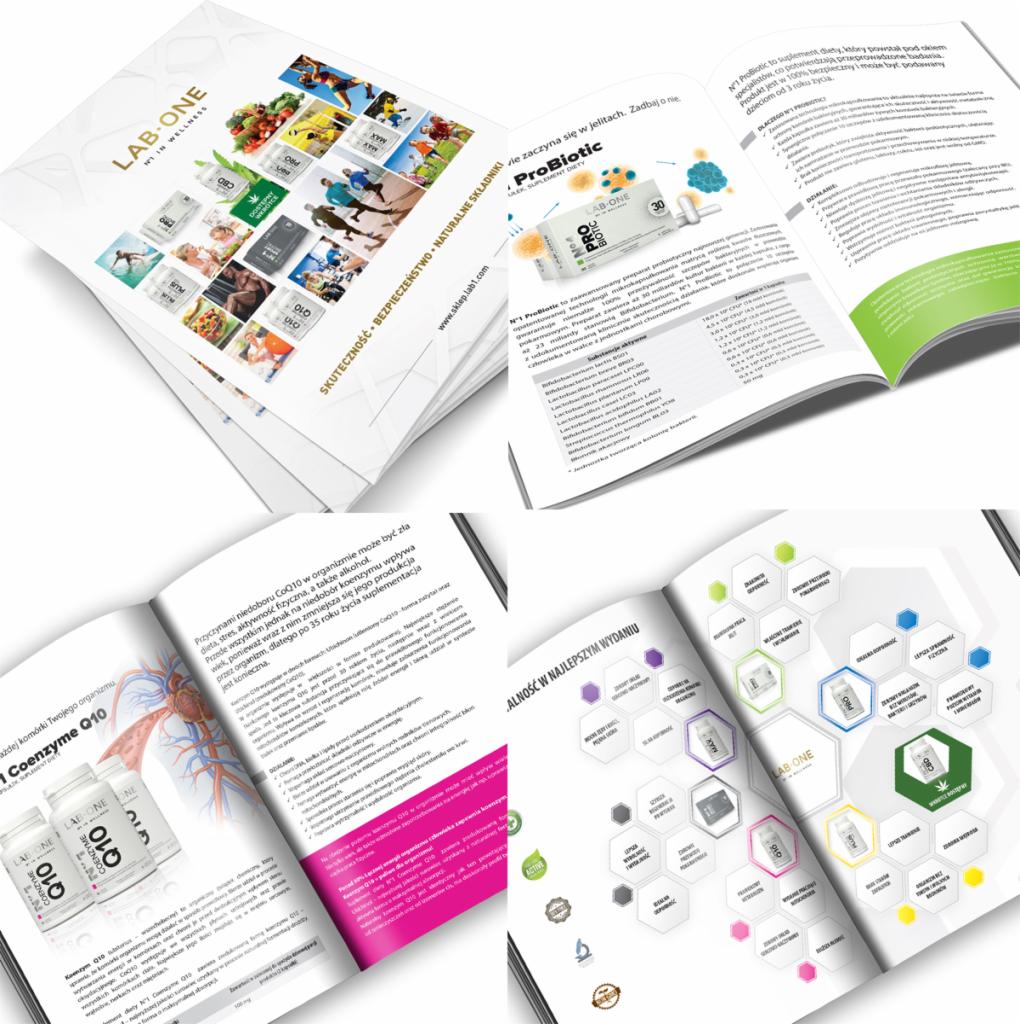 Rozłożone ulotki i katalogi reklamowe suplementów diety marki Lab-One, prezentujące produkty, składniki i korzyści zdrowotne.