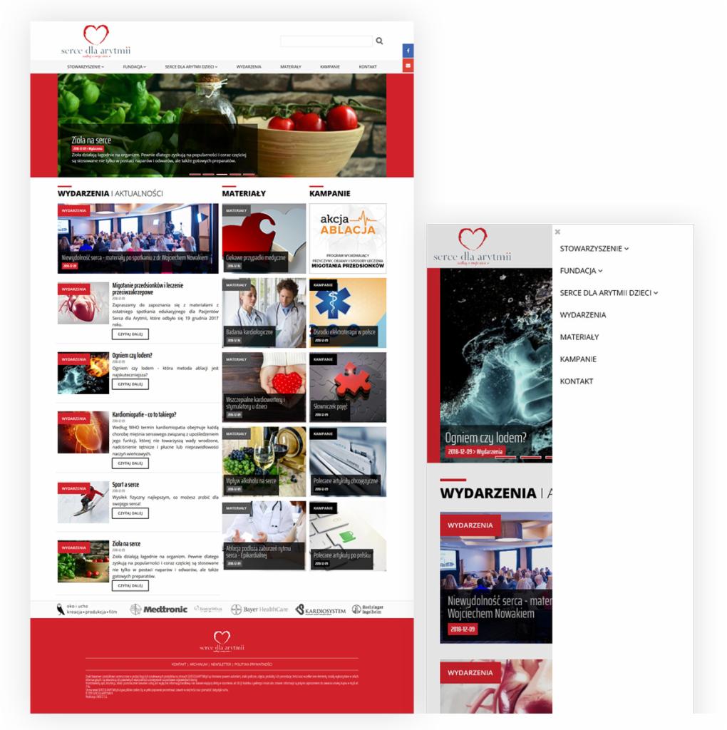 Strona internetowa fundacji 'Serce dla Arytmii' z menu nawigacyjnym, aktualnościami, wydarzeniami i sekcjami materiałów edukacyjnych o zdrowiu serca, w tym ziołach na serce i akcji ablacjach.