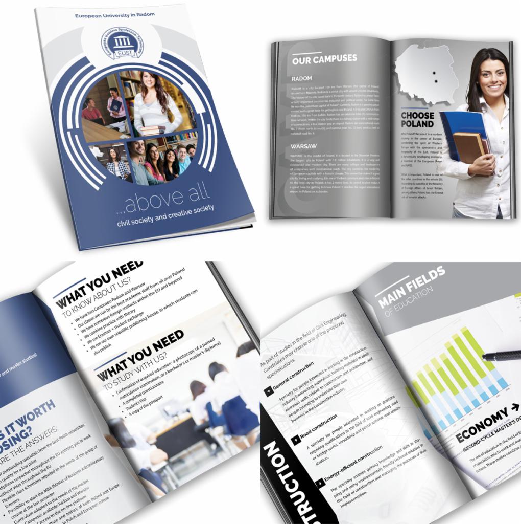 Otwarta broszura reklamowa Uniwersytetu Europejskiego w Radomiu, prezentująca ofertę edukacyjną, kampusy w Radomiu i Warszawie, oraz sylwetkę uśmiechniętej studentki z teczką.
