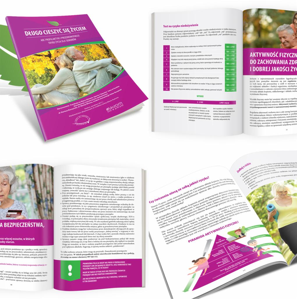 Otwarta książka z artykułami o zdrowym trybie życia dla seniorów, obok ulotka i broszura informacyjne.