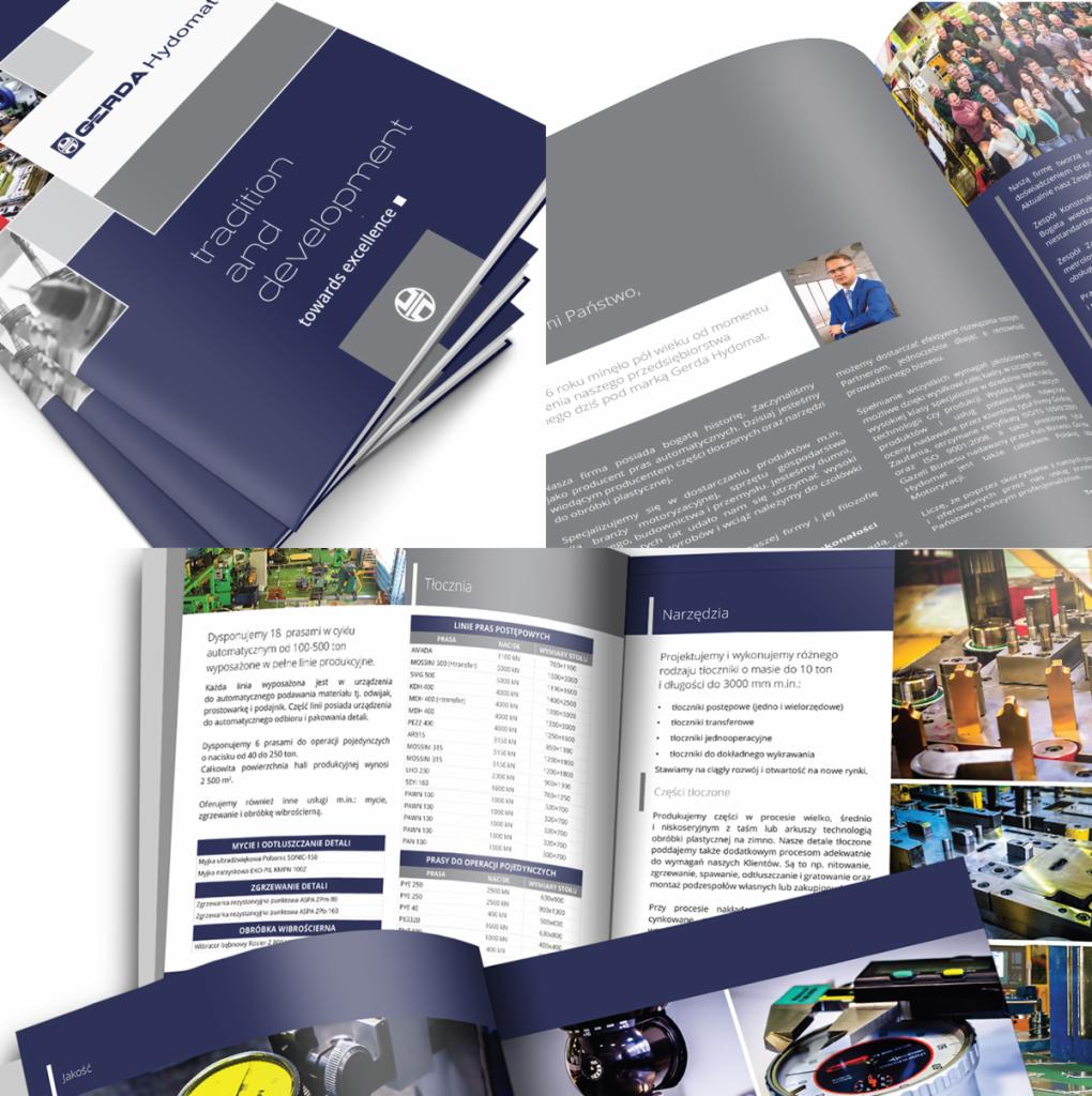 Rozłożona broszura reklamowa firmy Gerda Hydomat, prezentująca ofertę tłoczenia, narzędzi i obróbki plastycznej, z detalami dotyczącymi linii pras postępujących, narzędzi, procesów mycia...