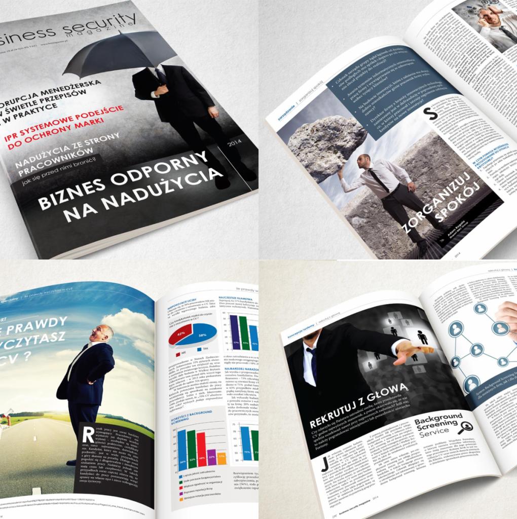 Kompozycja kilku otwartych magazynów biznesowych z artykułami o tematyce zarządzania, rekrutacji i bezpieczeństwa biznesu, z grafikami, wykresami i zdjęciami managerów w garniturach.