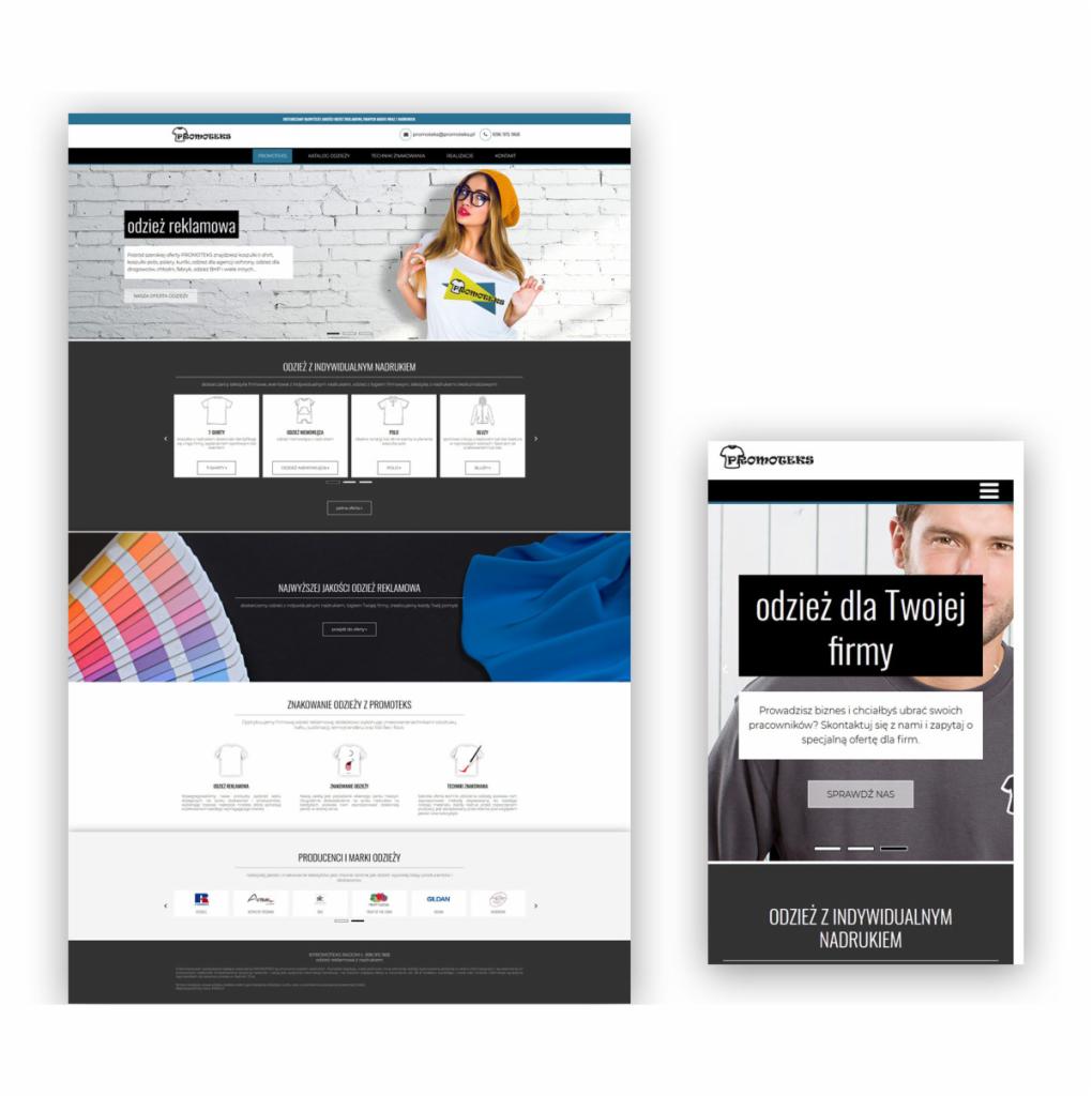 Prezentacja responsywnego projektu strony internetowej z ofertą odzieży reklamowej i z indywidualnym nadrukiem, widok na komputerze i smartfonie.