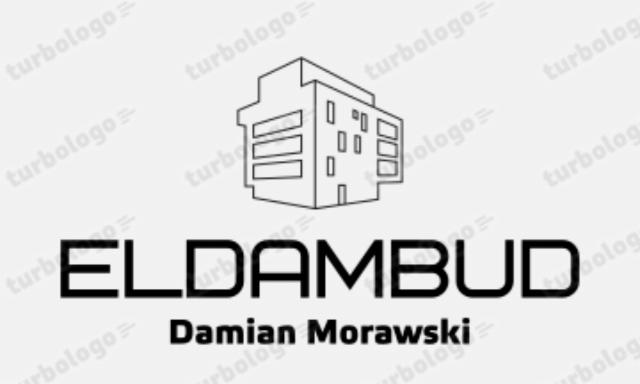 Logo firmy budowlanej ELDAMBUD Damian Morawski z minimalistycznym symbolem budynku w formie konturu.