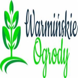 Grafika wektorowa przedstawiająca stylizowane drzewko z liści w kolorze zielonym, obok napis 'Warmińskie Ogrody' z 'Warmińskie' w kolorze granatowym i 'Ogrody' w kolorze zielonym.