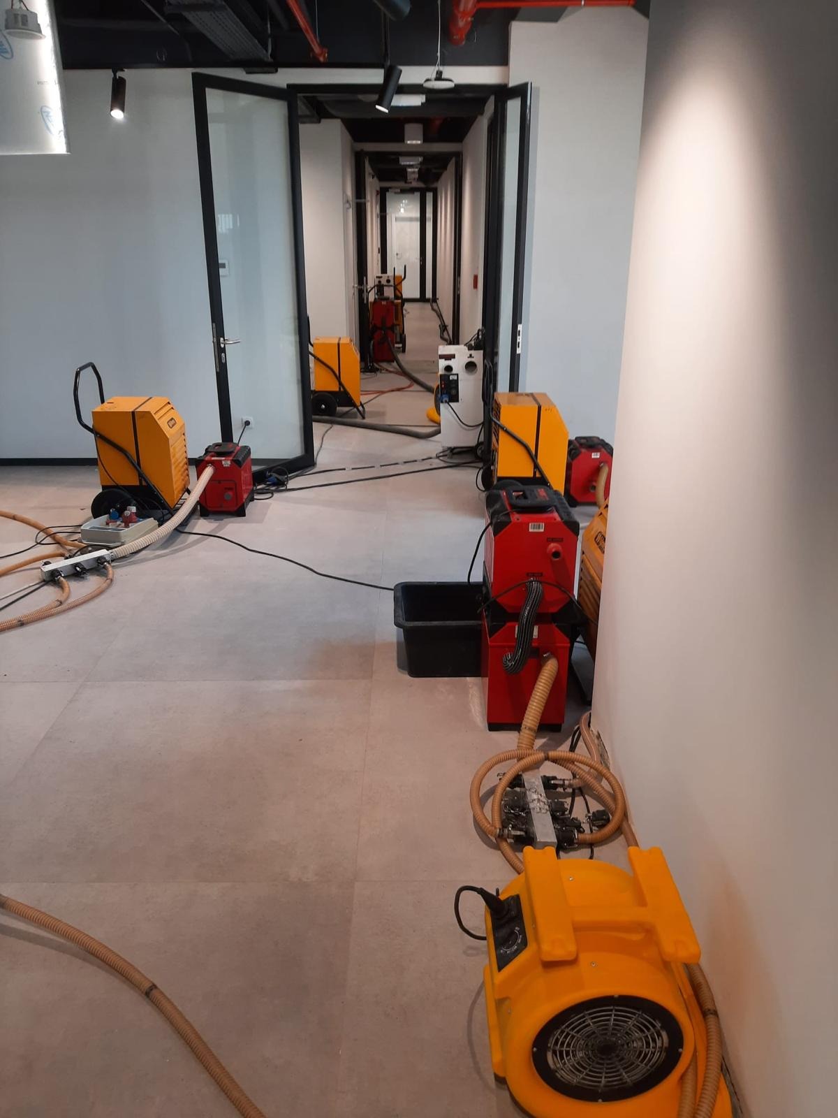 Korytarz biurowy z rozstawionymi, żółto-czerwonymi urządzeniami do usuwania wilgoci. Widoczne węże i kable. Sprzęt ustawiony wzdłuż ścian i otwartych drzwi.