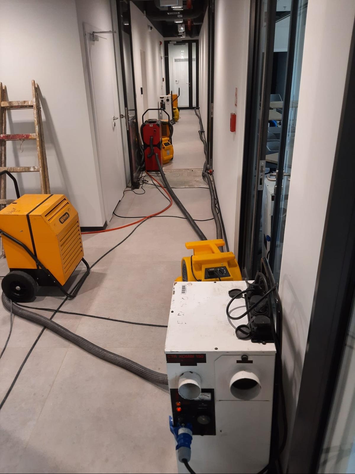 Osuszanie korytarza biurowego: żółte osuszacze kondensacyjne i wentylatory ustawione wzdłuż ścian, widoczna drabina malarska. Praca w toku.